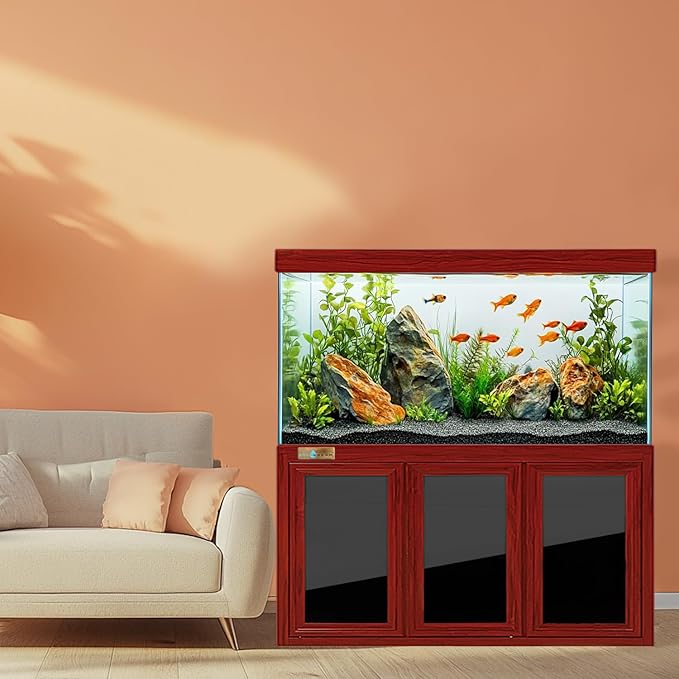 170 Gallon Aquarium Tempered Ultra Clear Glass with Complete Setup in Red Wood with Silver Trims