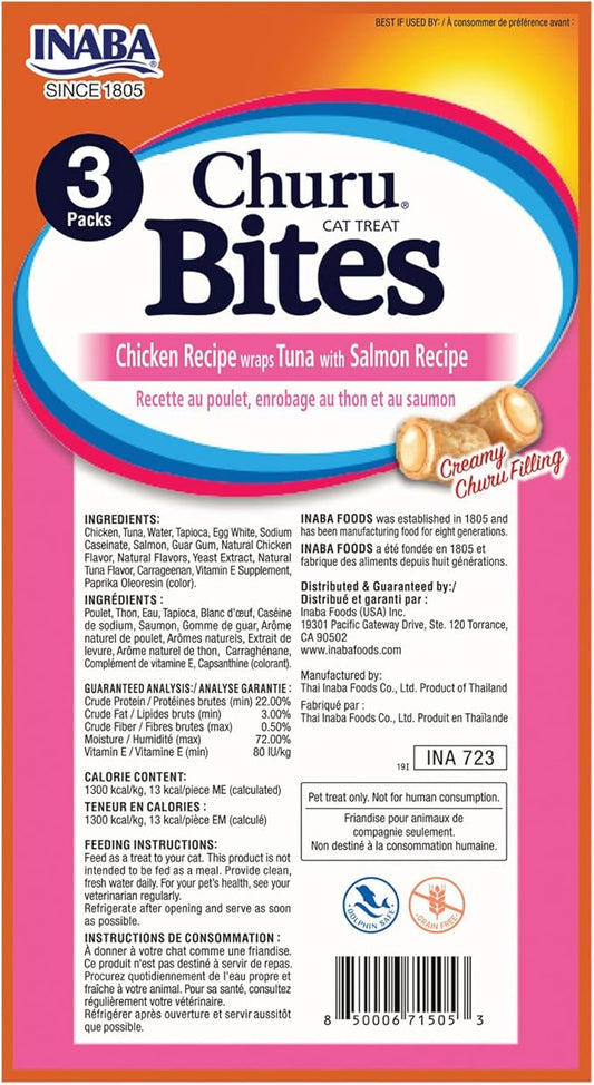 Inaba Churu Bites for Cats, Soft Baked Chicken Churu Filled Cat Treats with Vitamin E, 0.35 Ounces Each Tube, 24 Tubes Total (3 per Pack), Tuna with Salmon Recipe