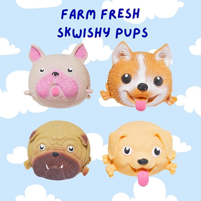 Farm Fresh Skwishy Pups – 4-Pack Dog-Themed Fidget Balls for Kids – Sensory Stress Relief Toy Set with Pug, French Bulldog, Corgi, and Labrador – Travel Squishy Toys, Party Favors Idea