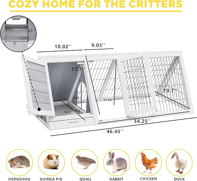 Wooden Rabbit Run Cage Indoor,A-Frame Bunny Playpen House Outdoor,Small Bunny Hutch with Ventilating Wire Fence for Puppy Rabbits (Grey)