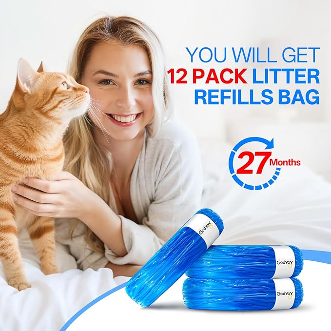12 Pack Cat Litter Refill Bags Compatible with Litter Genie XL+/XL/Plus/Standard/Style/Desgin Pail, Extra10% Length 27 Months Use Time, 100% Odor Control, Cartridge NOT Included