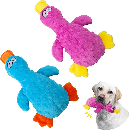 Dog Squeaky Toy Duck - 2 Packs, Durable Plush Toys for Large Dogs, Interactive Play, Sturdy, Soft, and Crinkly, Ideal for Small to Large Dogs (Blue & Purple)