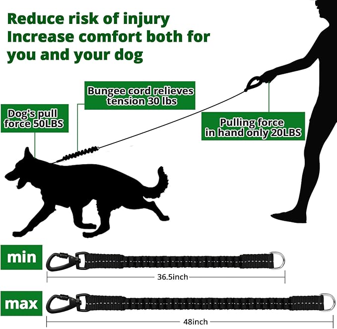 Rope Dog Leash 6 FT: Heavy Duty Leashes with Swivel Lockable Hook Reflective Threads Bungee and Padded Handle - Dog Lead for Large Small Medium Dogs Outside Walking Hiking Green