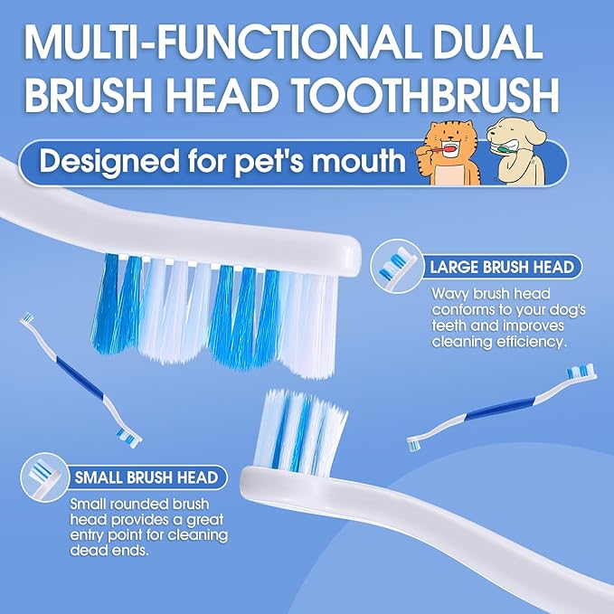Dog Toothbrush – Newly Upgraded Dual-Head Design with 60° Wavy Bristles – Gently Surrounds Teeth for Deep Cleaning and Plaque Removal – Non-Slip Handle, Ideal for Daily Pet Dental Care (Blue, 1-Pack)