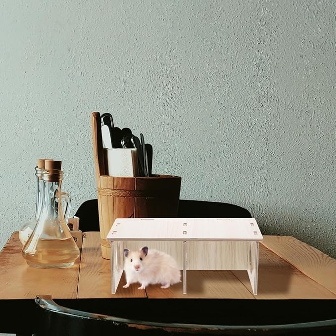 Hamster Solid Wood Hide House Two Room Pet Hideout Safe Non Nail Design Polished Natural Wood Hamster Cage Decor Yellow 8.26X4.33X3.14 Inch