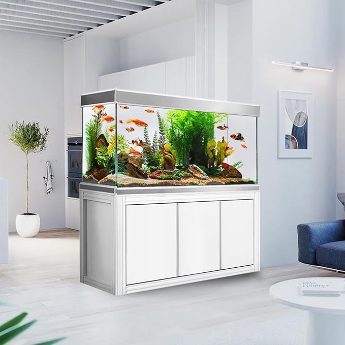 Premium Aquarium | 200 Gallon Tempered Transparent Glass with LED Light, Complete Fish Tank, White Silver Trim