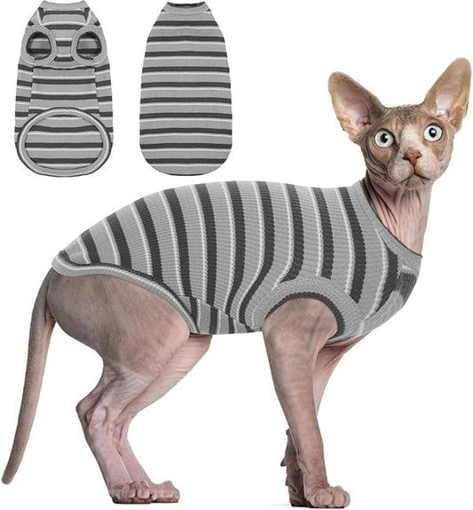 BRKURLEG Hairless Cats T Shirt, Cat Sweaters, Pullover Kitten Shirts, Sleeveless Round Collar Cotton Vest for Cornish Rex Devon Rex Peterbald and Small Dogs Sweater(Grey Stripes, S)