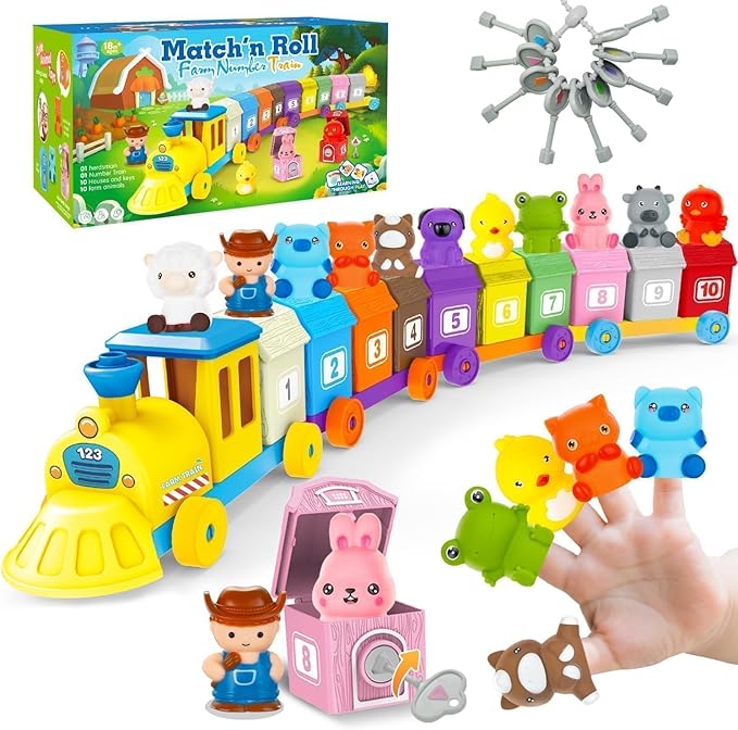 Farm Animals Train with 11 Finger Puppets, 10 Barns with Keys, Counting, Matching, Sorting Montessori Learning Toy for Toddler 1 2 3 4 Years Old, Educational Birthday Gift for Boys Girls Kids, 36PCS