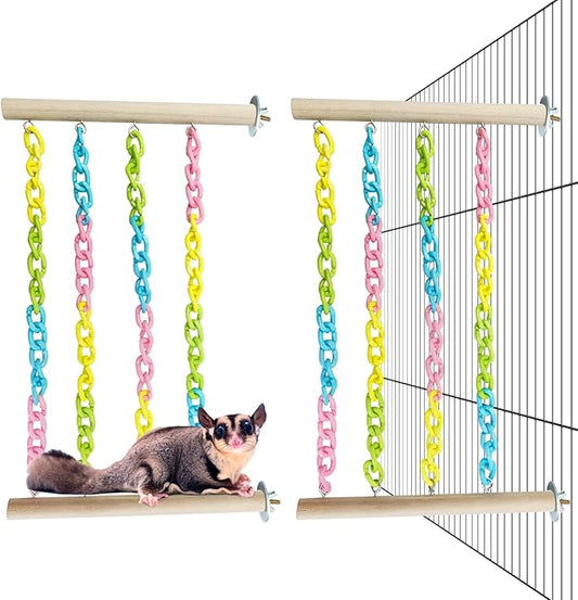 PINVNBY 2 Pack Sugar Glider Climbing Toys,Natural Wood Sugar Glider Cage Accessories with Colorful Plastic Chains, Hanging Rat Enrichment Toys Without Swaying for Hamsters and Parrots