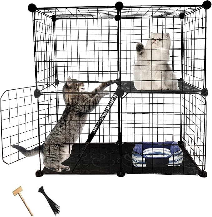2 Tier Cat Cage Indoor,Removable Metal Kitten Cages Detachable Ferret Playpen Portable DIY Small Animals Collapsible House for Cats Bunny Puppies Guinea Pig Rabbit Hedgehog Rat(Black)