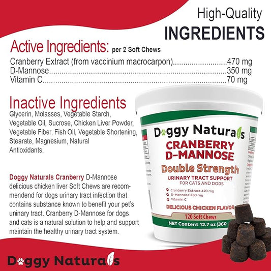 Cranberry D-Mannose for Dogs and Cats Urinary Tract Infection Support Prevents and Eliminates UTI, Bladder Infection Kidney Support 11.4 oz (Double Strength Soft Chew, 120 Soft Chew)
