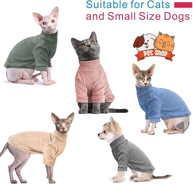 Idepet Sphynx Hairless Cats Sweater Shirt Kitten Soft Puppy Clothes Pullover Cute Cat Pajamas Jumpsuit Cotton Apparel Pet Winter Turtleneck for Cats and Teacup Chihuahua(2 Pack-Blue&Pink,M)