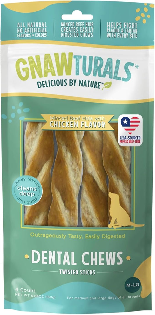 Dental Chews Twisted Sticks | for Large and Extra Large Dogs | USA Sourced Beef-Hide | Natural Scrubbing Action Fights Plaque and Tartar Refreshing Your Dog's Breath (4 Sticks, Chicken)