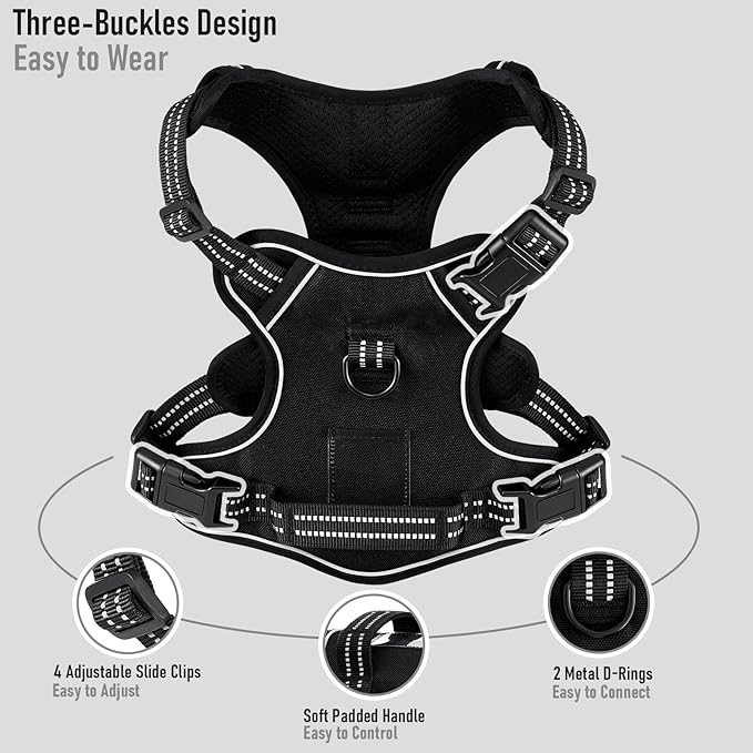 Extra Small Dog Vest Harness, No-Pull Pet Harness with 2 Leash Clips, Adjustable Soft Padded Dog Vest, Reflective No-Choke Pet Oxford Vest with Easy Control Handle for XSmall Breeds, Black, XS