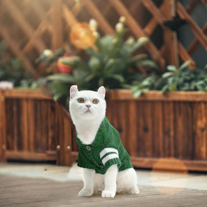EXPAWLORER Cat Sweater Cardigan - Stylish Knitted Cat Clothes, British Style Soft Puppy Sweater with Sleeve Warm Pet Clothing Knitwear, Fall and Winter Kitten Coat for Girl Boy Cats, Green Large