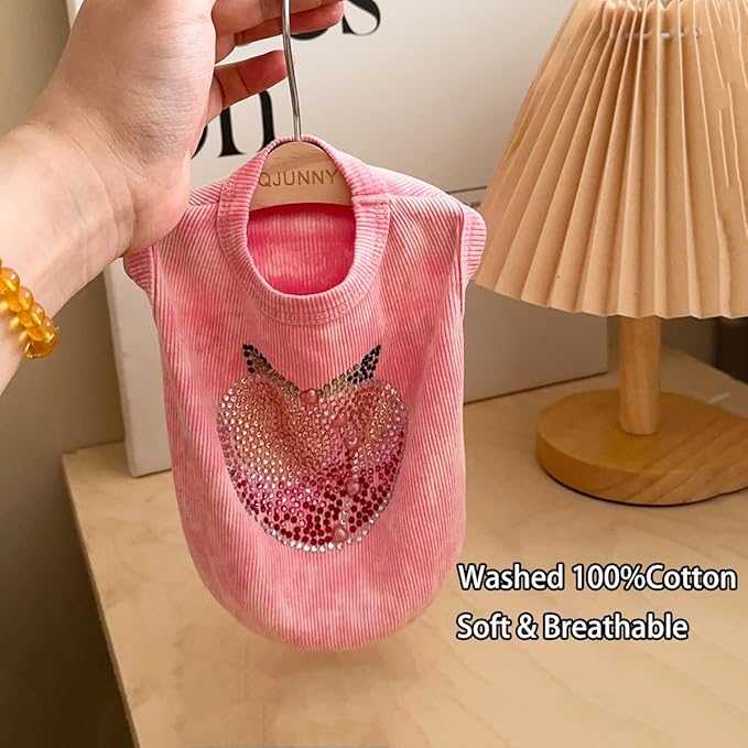 Washed Cotton Pet Vest with Rhinestone Fruit Designs, Soft & Stylish Small Dog Cat Vest for Spring Summer, Breathable & Shiny (Pink-Peach, Medium)