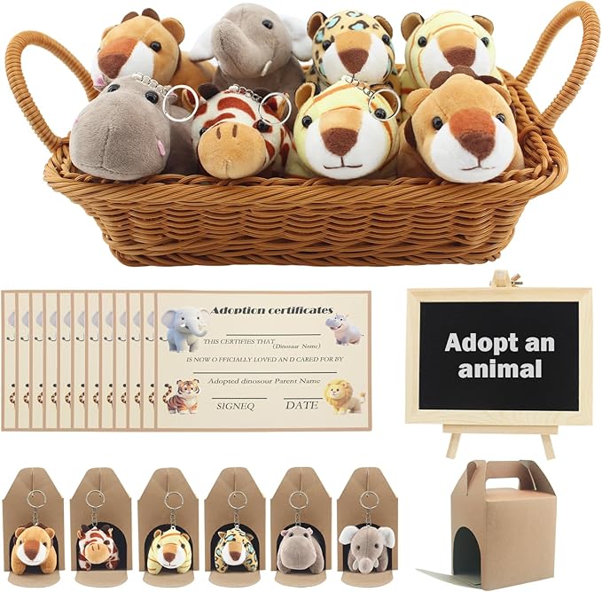 38 Pcs Mini Safari Plush Animals Set Forest Stuffed Toys Adopt a Pet Party Favors Jungle Party Favors Includes 12pc Dolls,2pc Box,12pc Cards,1pc Basket,1pc Blackboard