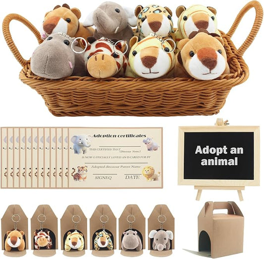 38 Pcs Mini Safari Plush Animals Set Forest Stuffed Toys Adopt a Pet Party Favors Jungle Party Favors Includes 12pc Dolls,2pc Box,12pc Cards,1pc Basket,1pc Blackboard
