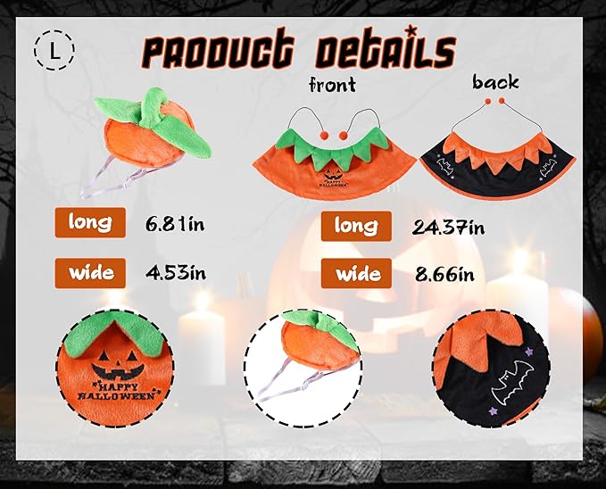 Halloween Cat Pumpkin Cloak with Hat Costume， Adjustable Double-Sided Pumpkin Pet Cape Clothes, Small Cats Dogs and Other Pets Halloween Parties and Pet Cosplay - S