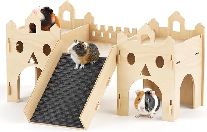 Guinea Pig Hideout House, Advanced Wooden Hamster House with Climbing Ladder & Multi-Holes, Bunny Castle Tower Toy for Guinea Pig Chinchilla Gerbil Hedgehog Small Animal House Habitat Hut ﻿