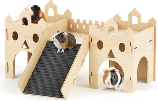 Guinea Pig Hideout House, Advanced Wooden Hamster House with Climbing Ladder & Multi-Holes, Bunny Castle Tower Toy for Guinea Pig Chinchilla Gerbil Hedgehog Small Animal House Habitat Hut ﻿