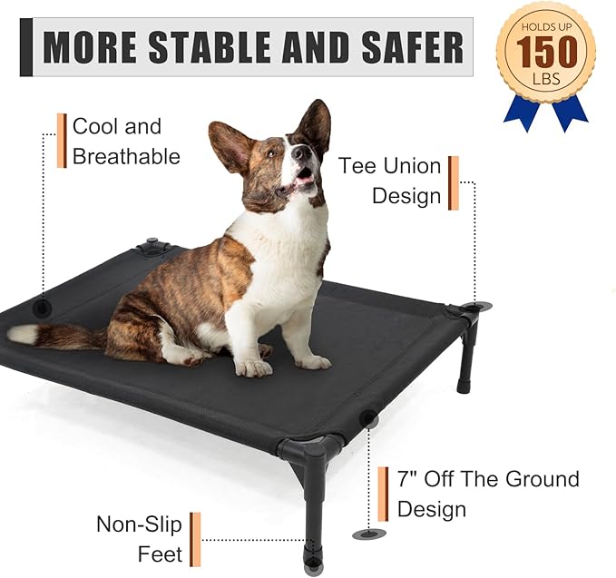 Elevated Dog Bed for Small Dogs, Raised Dog Cot Fits Up to 150 LBs, Heavy Duty Pet Cots with Durable Supportive Teslin Recyclable Washable Mesh, Indoor & Outdoor Pet Bed, Brown