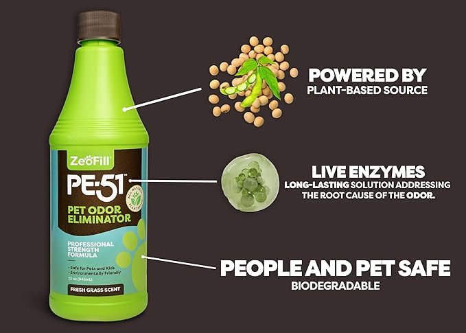 ZEOFILL PE-51 Pet Odor Eliminator – Pet, Turf & Yard Urine Odor Eliminator | Cat & Dog Pee Deodorizer Spray | Dual Pack of 32oz Bottles & 1 Max Flow Garden Hose Spray Nozzle | All Natural Enzymes