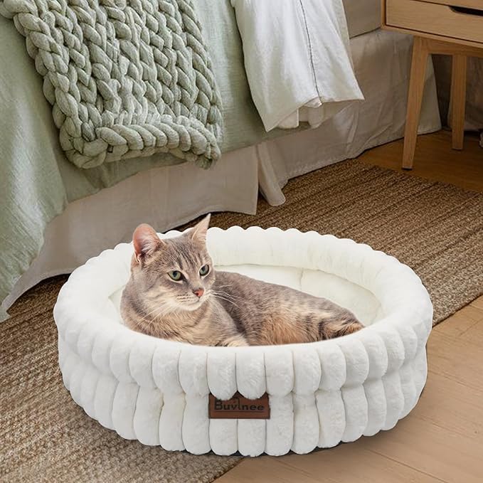 Cat Beds for Indoor Cats, Washable Round Bed for Small Dogs, Soft Pet Bed for Puppy and Kitten with Anti-Slip Bottom (White, 24in)