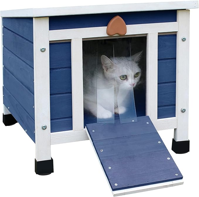 Deblue Weatherproof Cat House for Outdoor Cats, Wooden Small Pet House Outside, Feral Cat Shelter with Elevated Floor and Lockable Door - Blue