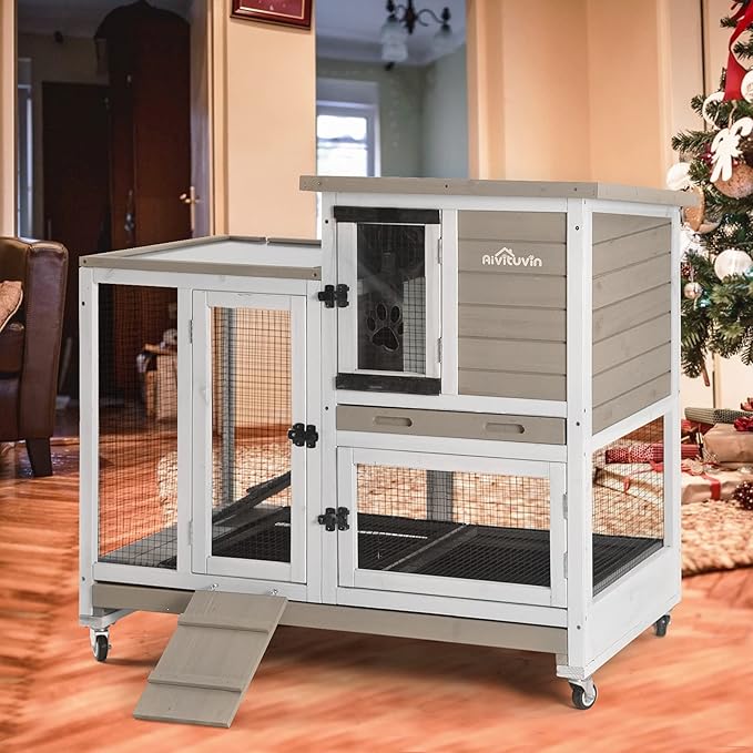 Aivituvin Large Rabbit Hutch with Removable Wire Netting, 2 Deep Trays, 4 Wheels, Sliding Door, and Extra Access Door - Mocca Color