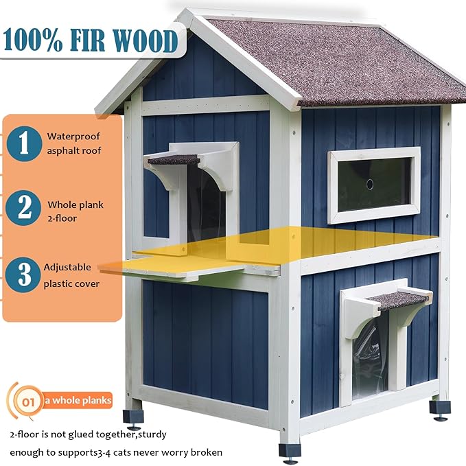 Rockever Outdoor Cat House, 2 Story Outdoor Houses for Feral Cats Wooden Outside Cat Shelter Weatherproof with Escape Door