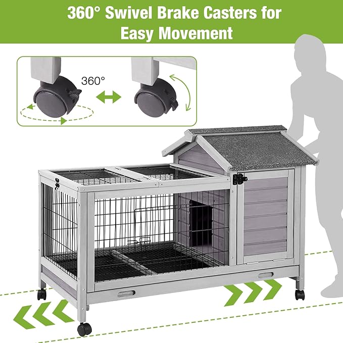 GUTINNEEN Rabbit Hutch Indoor Bunny Cage Outdoor Wooden Guinea Pig Cage Bunny House with Removable Metal Wire Floor, Lockable Caster Wheels, Leakproof Plastic Tray for 1-2 Rabbits, Small Animals