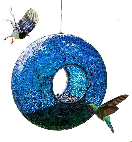 Topadorn Mosaic Bird Feeder Fly Through Hanging Birdfeeder for Wild Bird, 9-Inch Blue Bird Feeder for Gardens, Yards, Decks to Attract Wild Birds