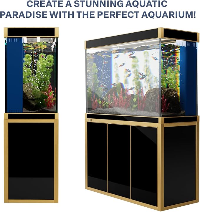 175 Gallon Aquarium Fish Tank with Upright Fishtank Stand Water Pump Freshwater Filter LED Bundle and Straight Corners Clear Glass - Black with Gold Trims