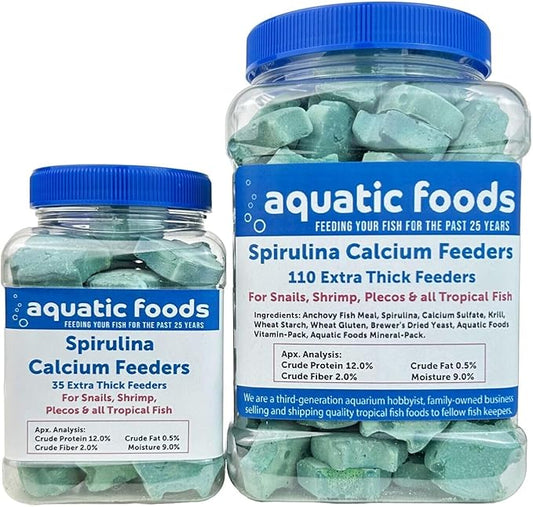 Aquatic Foods Inc. Spirulina Enriched Calcium Feeders for Shrimp, Snails, Crabs, Crayfish, Pleco, Catfish, All Tropical Fish…110 Count Med Jar