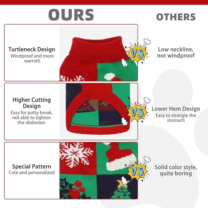 KOOLTAIL Christmas Sweater, Cold Weather Knitted Turtleneck Pullover for Dogs, Red Green Color Design Sweatshirt, Thick Warm Winter Clothes for Small Medium Large Dogs Boys Girls, XL