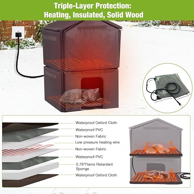GUTINNEEN Heated Outdoor Cat House Two-Story Feral Cat Shelter for Multiple Cats Warming Condos with Heater and Insulated Liner