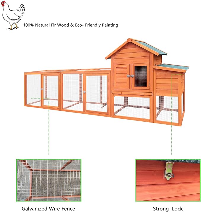 122" Large Wooden Chicken Coop with Nesting Box – Outdoor Hen House for 3–4 Chickens, Weather-Resistant Roof, Secure Poultry Cage with Perch & Easy-Clean Tray Natural