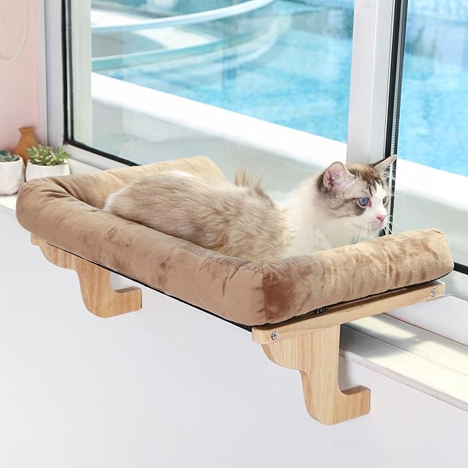 Zakkart Cat Perch for Window Sill with Bolster - Orthopedic Hammock Design with Premium Hardwood & Robust Metal Frame - Cat Window Seat for Large Cats and Kittens - Natural Color Wood with Brown Bed