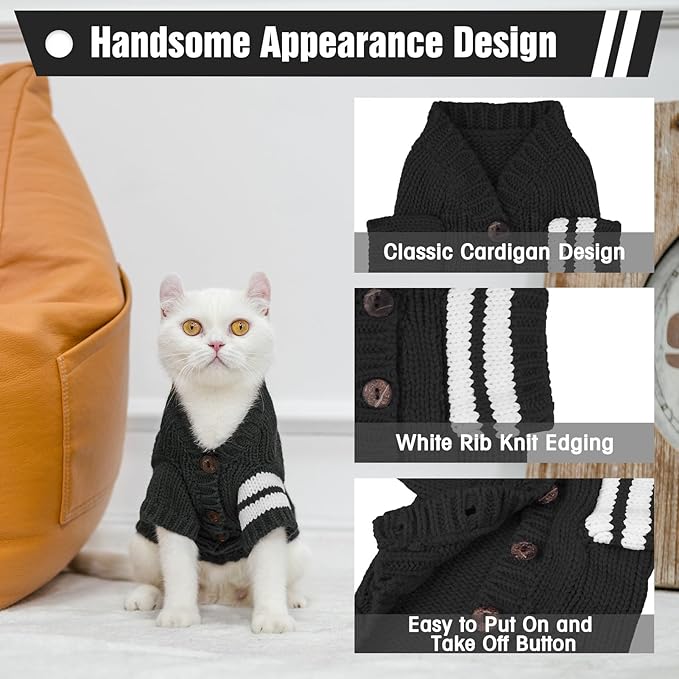 EXPAWLORER Cat Sweater Cardigan - Stylish Knitted Cat Clothes, British Style Soft Puppy Sweater with Sleeve Warm Pet Clothing Knitwear, Fall and Winter Kitten Coat for Girl Boy Cats, Black Small