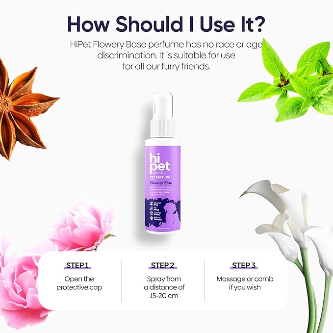 Hi Pet Flowery Base Pet Perfume, Cat & Dog Perfume Spray Long Lasting, Cat and Dog Cologne to Soften, Shine, Refresh the Coat, 4.06 Fl Oz (Pack of 1)