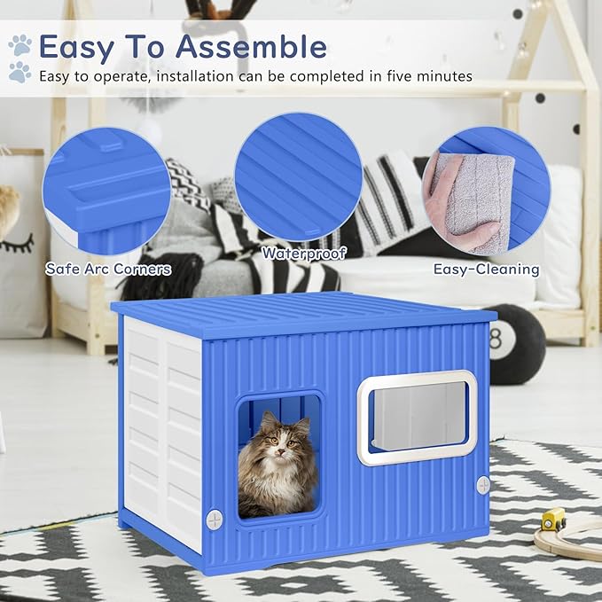 Plastic Cat House for Outdoor Indoor Use, Stackable Feral Cat Shelter Indoor Cat House Weatherproof Waterproof Elevated, with 2-Sided Cushion (Blue White)
