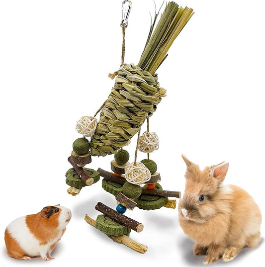 Rabbit Chew Toy, Bunny Cage Hanging Chew Toy & Treats,Natural Material Handwoven Chinchilla Treats Toys for Guinea Pigs Hamsters Rats and Other Small Pets Teeth Grinding
