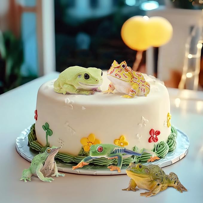 Toymany Frog Toy Figures, Plastic Rainforest Woodland Animals Toy Frogs Set with Realistic Poison Dart Frog, Cake Topper Party Favor Garden Flowerpot Plants Decor