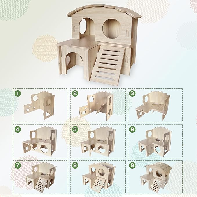 LOS ANDES Hamster Maze Double-Decker Wood House, Hamster Seesaw Toy, Bridge and Swing for Dwarf Gerbil Mouse Mice Rat Small Animals(Only for Small Hamster)