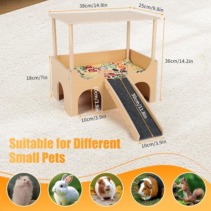 Guinea Pig Hideout Castle 2 Tierd Sturdy Wooden Hamster Castle Detachable Guinea Pig Hideout House with Ramp and Cushion Small Animal House Hut Habitats for Chinchillas Playing Hiding (Double Decker)