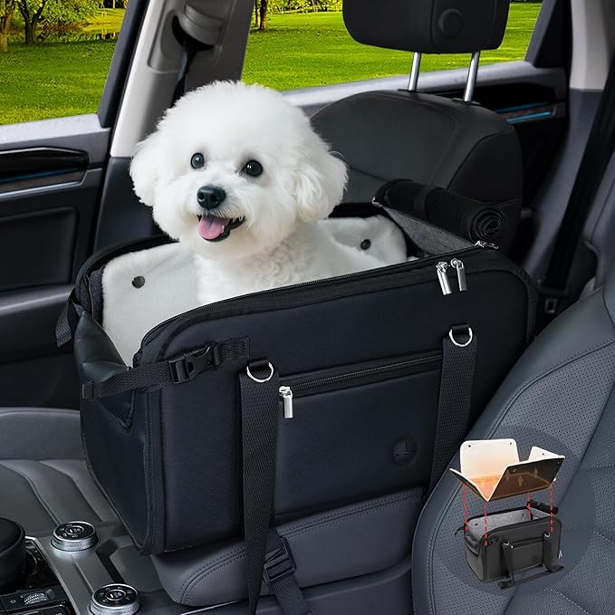 YUDODO 18lbs Dog Car Seat (Width >9in) for Small Dog Large Center Console with Removable Velvet Cushion Luxury Puppy Cat Travel Portable Booster Seat Anti-Slip Pet Car Bed Carseat PU Leather Black