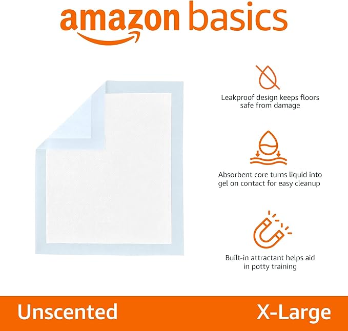 Amazon Basics Heavy Duty Dog Training Pads, XL Puppy Pee Pads with Quick-Dry Surface, 34L x 28M inches, Blue & White, 15-Count