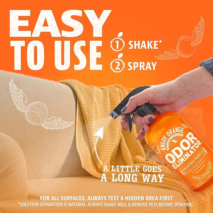 ANGRY ORANGE Pet Urine Odor Eliminator - Pack of 2 Citrus Deodorizers for Strong Dog or Cat Urine Smells on Carpet, Furniture & Floors - 24 oz Spray & 8 oz Concentrate - Puppy Supplies