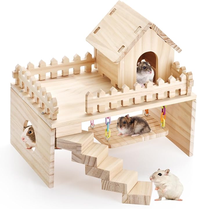 Wooden Hamster Hiding Place, Hamster Cabin with Ladder, Swing Platform Decoration, Detachable Small Animal cage Accessories, Suitable for mice, Sand Rats and Other Small Pets